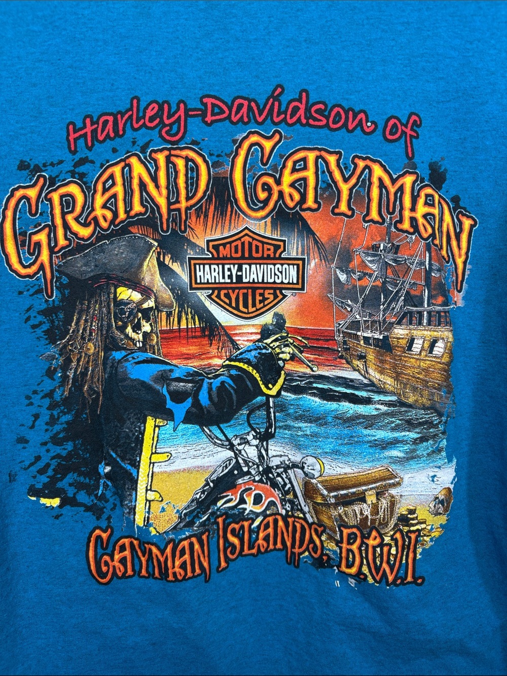 Harley- Davidson Blue Grand Cayman Pirate Motorcycle Shirt Men Size L